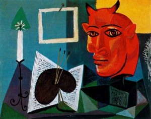 naturaleza muerta con vela, paleta, y cabeza de minotauro roja. 38. picasso. herederos del artista.